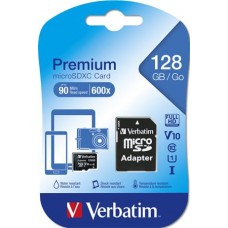 Memóriakártya, microSDXC, 128GB, CL10/U1, 90/10 MB/s, adapter, VERBATIM 